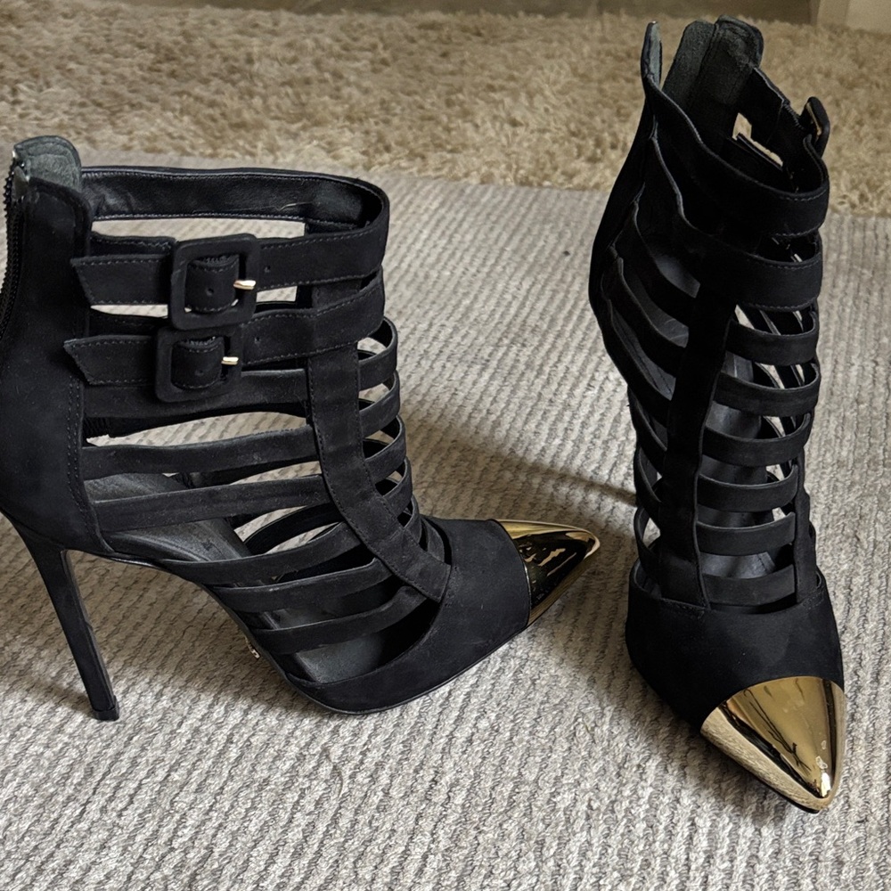 Schutz Black and Gold tip Strappy Heels